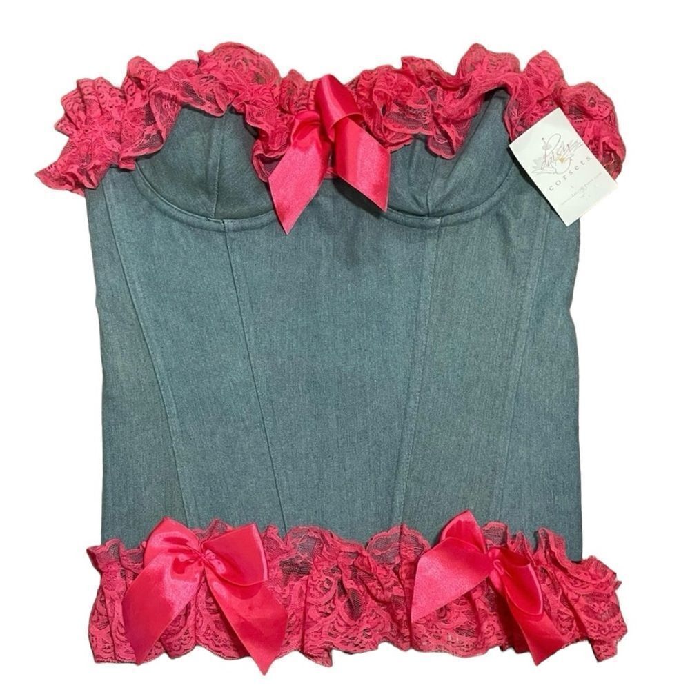 NWT Daisy Corsets Denim With Hot Pink Lace and Bow Trim Corset Black Lace Up Lrg